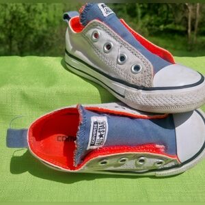 Converse All Star Laceless Velcro Kids Size 7 Slip On Sneaker Orange Blue & Grey